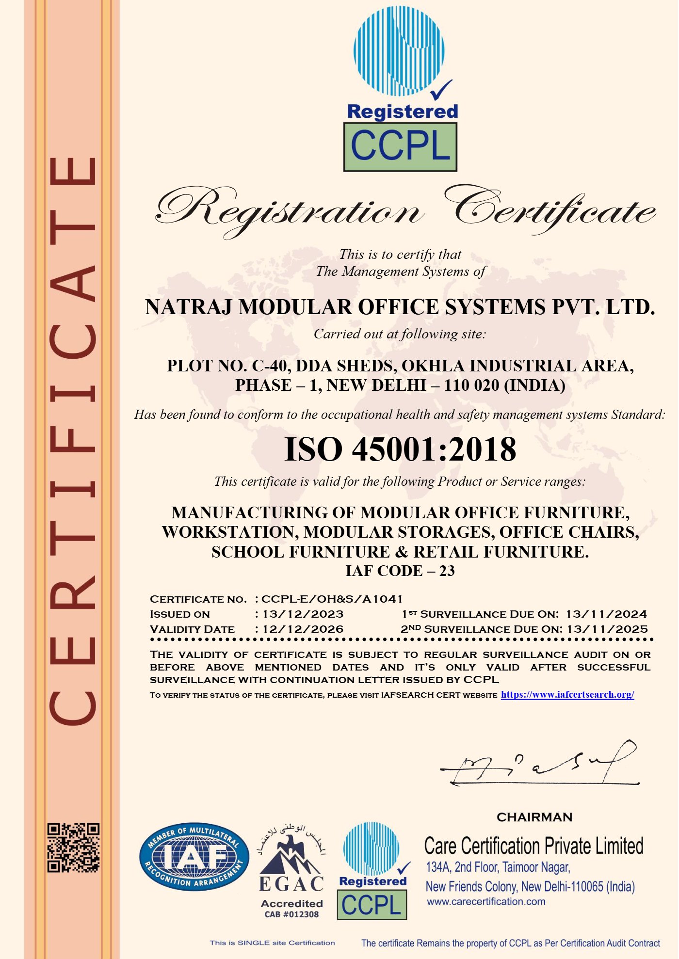 ISO 45001:2018 certificate — Natraj Modular Office Systems