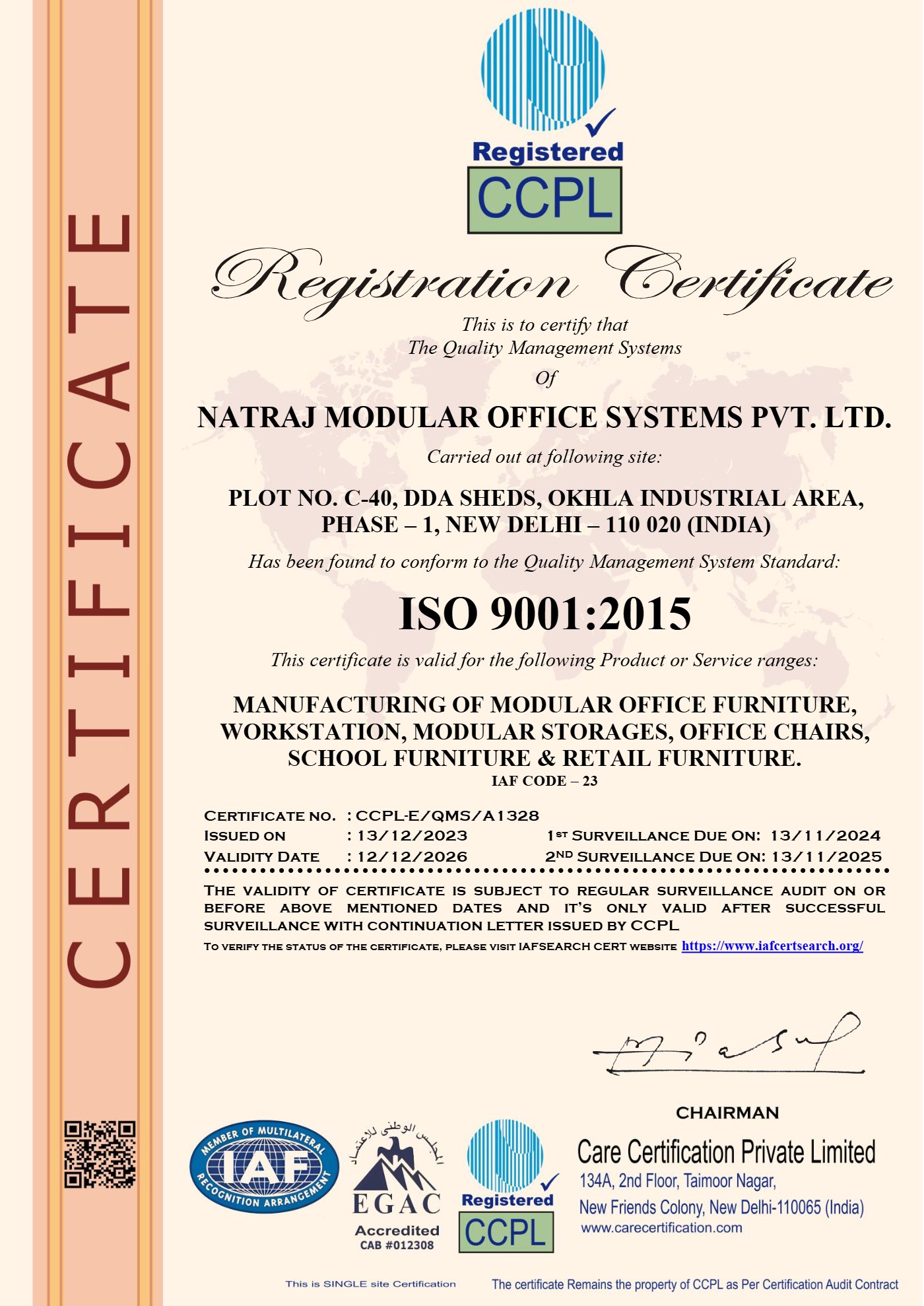 ISO 9001:2015 certificate — Natraj Modular Office Systems