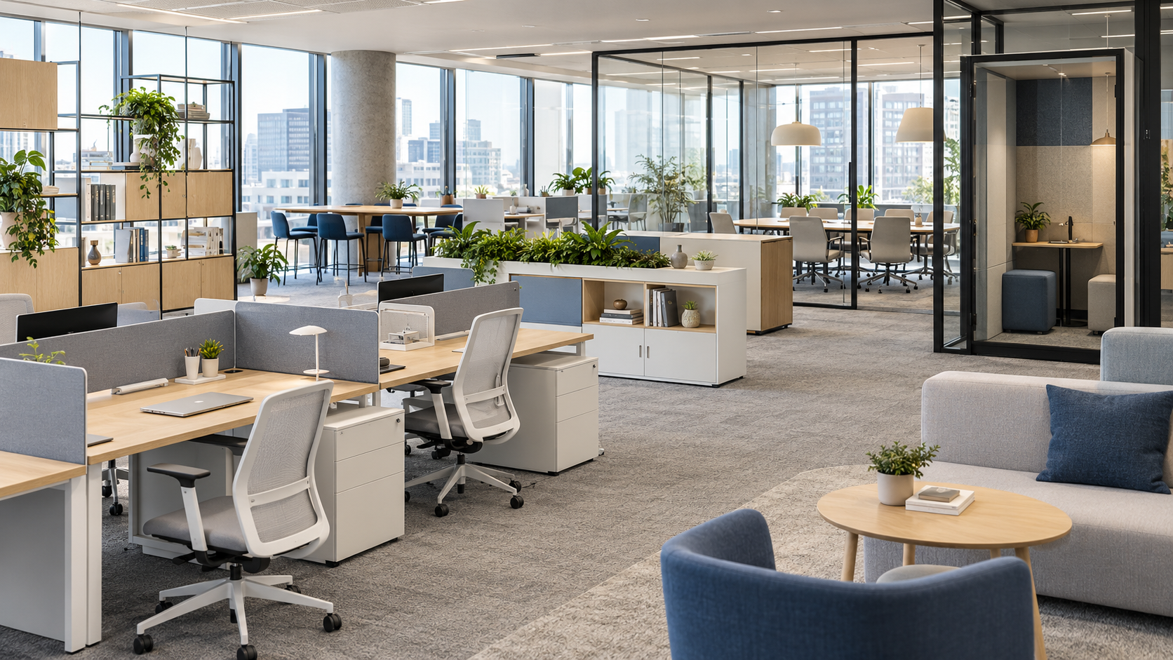 Open-plan office with workstations, storage, lounge seating and meeting rooms