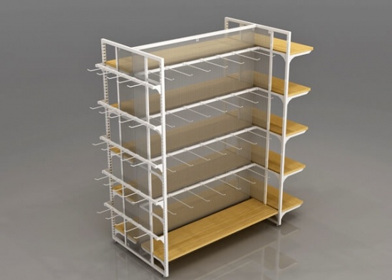 Retail Gondola Units White Metal Frame Wooden Shelves